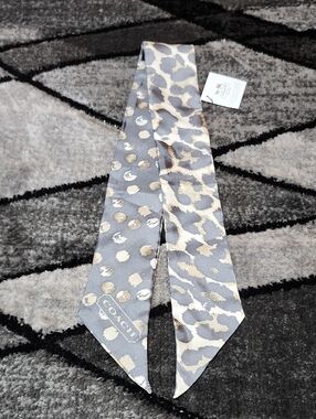 COACH GRAY LEOPARD PRINT SILK SKINNY TWILLY BAG PONYTAIL RIBBON SCARF